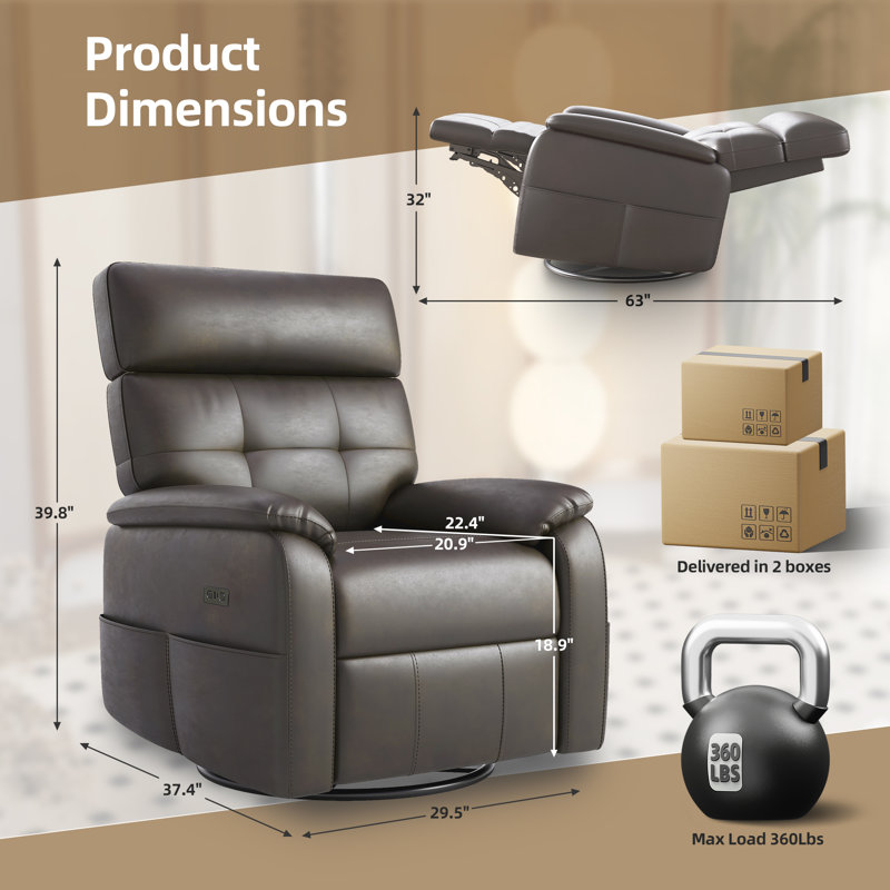 Faux Leather Power Recliner Chair With Rocking And Swivel, Brown