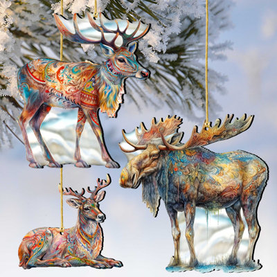 Antlered Elegance Wooden Ornament Set Of 3 By G.Debrekht