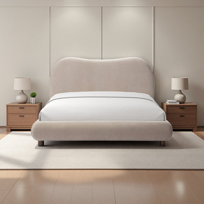 Mallow Upholstered Platform Bed, Solid Wood Leg with Curved Headboard