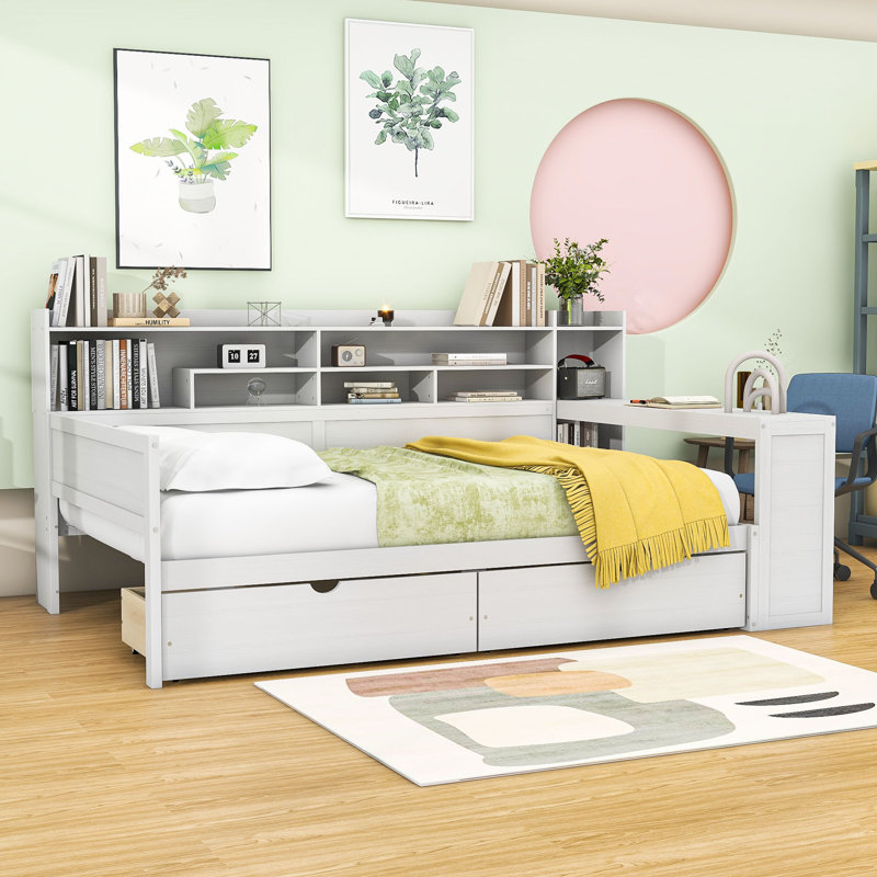 Wooden Daybed with Built-In Study Desk and Storage Drawers, Antique White, Full/Double