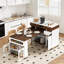 Extendable rectangular dining table with rolling storage island, folding top, power outlet, and brake lock, seats 6-8, white finish and walnut