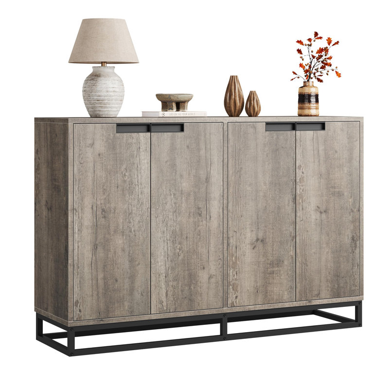 55" Buffet Cabinet Sideboard with 4 Doors & Adjustable Shelves, Modern Credenza, Wood Coffee Bar Console for Living Room, Dining Room, Grey