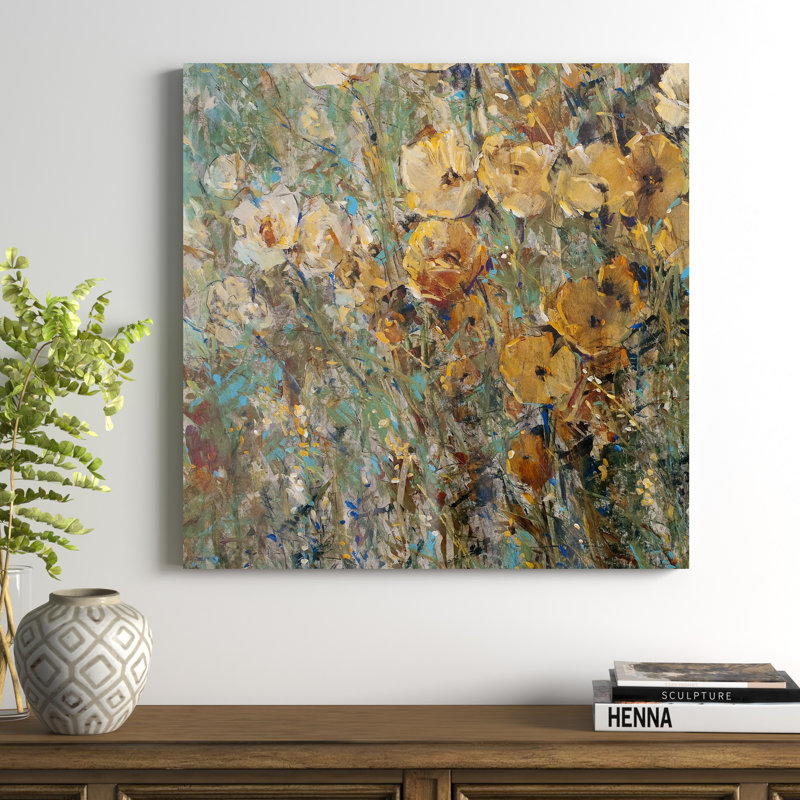 «Amber Poppy Field I», peinture sur toile, H 36 po x l 36 po, Toile tendue