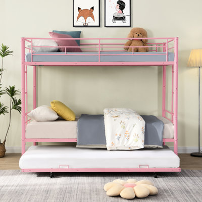 Lit superposé en métal avec lit gigogne rose - Délice de chambre à coucher moderne, conception d'espace, construction durable, fonctionnement silencieux et stable, grande capacité de charge, escalier sécuritaire inclus, lit simple