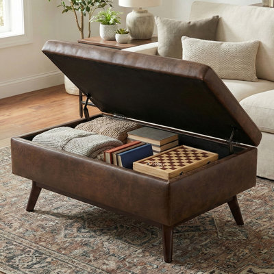 Owen 34"W Upholstered Coffee Table Storage Ottoman with Lift Top and Solid Wood Legs