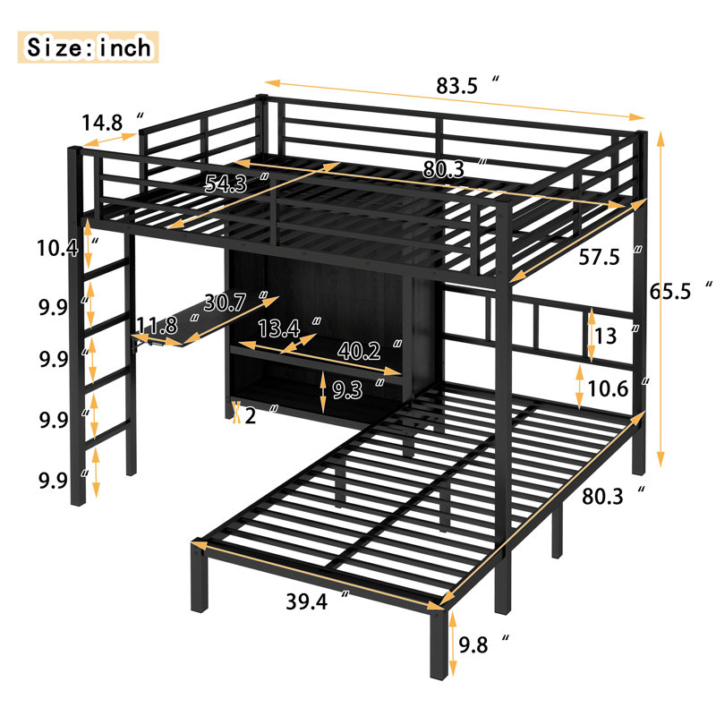 Full XL Over Twin Metal Bunk Bed with Folding Desk, LED Closet, Space-Saving & Noise-Reducing, Sturdy Black Frame