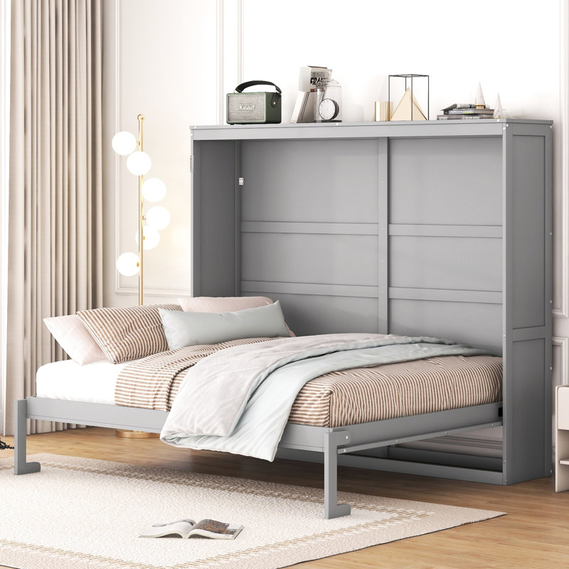 Grand lit mural gris, solution peu encombrante pour les petits appartements et les bureaux, lattes profilées parfaites, espaces compacts, mécanisme de pliage à deux pistons