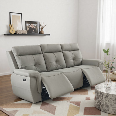 Leather Electric Recliner Sofa Set Grey and Beige