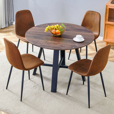 Table And Chair Set.42 Inch Diameter Modern Minimalist Round Dining Table.Paried With 4 Technology-Fabric Brown Chairs With Black Metal Legs.