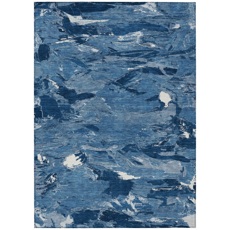 Tapis extérieur lavable abstrait bleu marine et bleu 8 pi x 10 pi