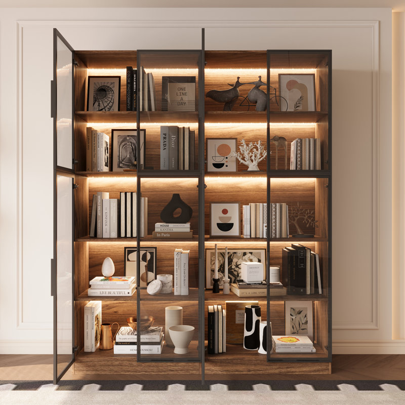L 63 po - Bibliothèque avec portes vitrées et lumières DEL, 78.7"H x 63"W x 16"D, Noyer