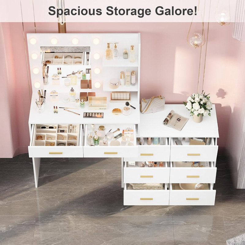 61" Make Up Vanity Desk with Mirror and Lights, Vanity with 8 Wide Storage Drawers & 2 Tier Shelves, 3 Lighting Modes with Adjustable Brightness, Vanity Desk for Bedroom