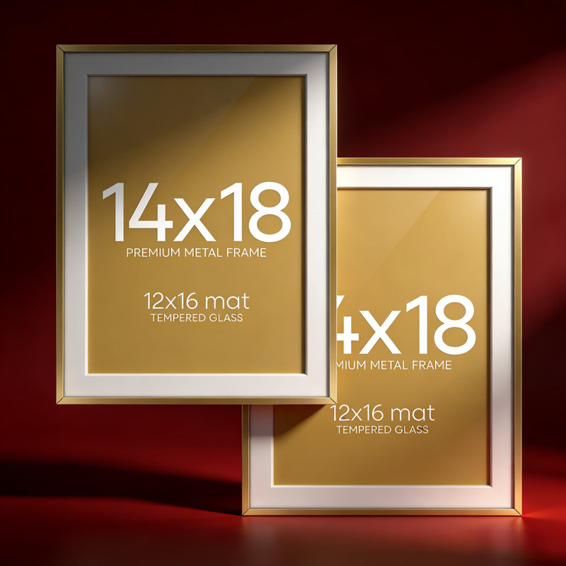 Professional 14X18 Picture Frame Set Of 2 With Mat And Tempered Glass, Modern Thin Metal Frame With Wall Hanging Kit, High Clarity Gallery Display For 12X16 Photos