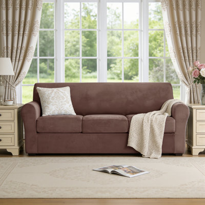 4 Piece Stretch Velvet Couch Covers，Sofa Slipcover For 3 Cushion Couch, Machine Washable Furniture Protector(Sofa, Brown)