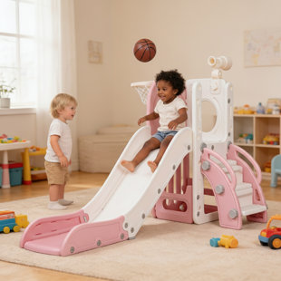 Glissade pour tout-petits 6 en 1, glissade intérieure et extérieure pour enfants avec panier de basketball, télescope, espace de rangement et marches antidérapantes