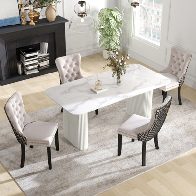 Ensemble de salle à manger rectangulaire à double piédestal avec table de salle à manger de style crème
