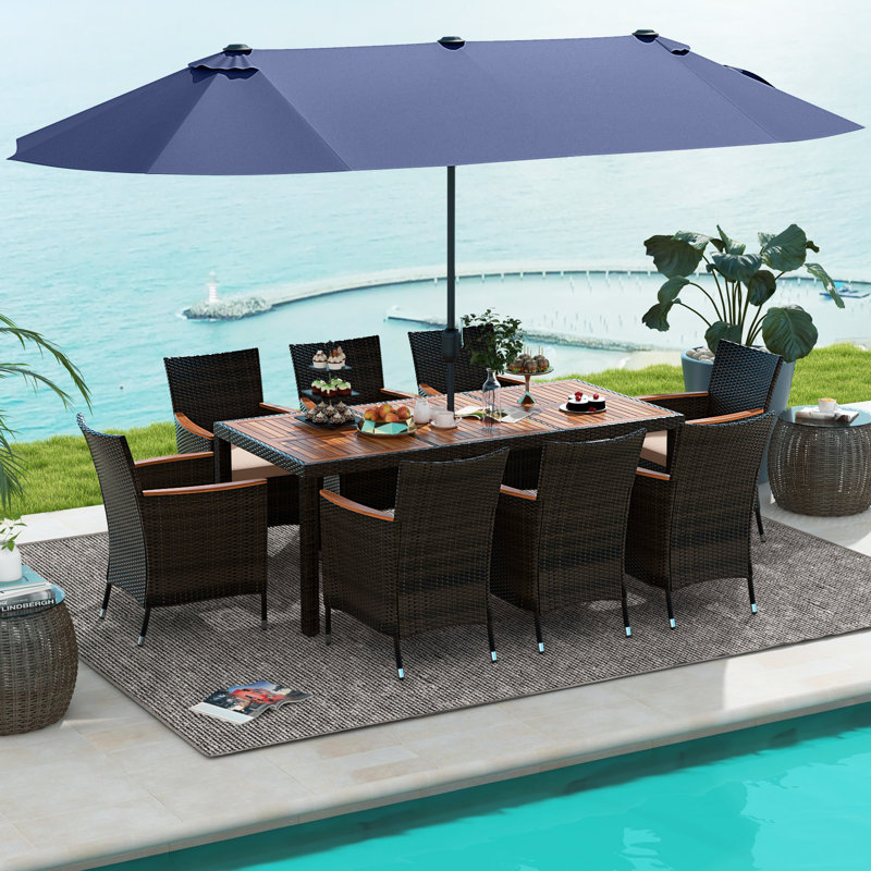 Ensemble 11 chaises de table de salle à manger de patio avec parasol et base, Brun, Marine