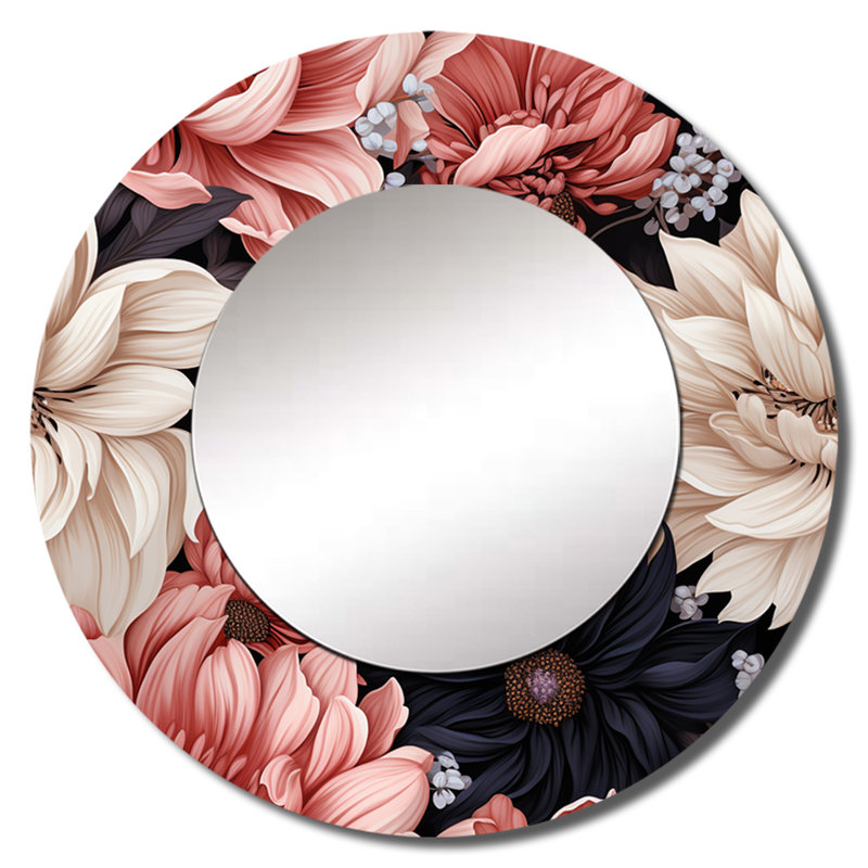 Ribaudo Light Pink And Pink Flowers  Pattern - Floral Mirror, Cottage Round Decorative Wall Mirror, Printed Metal Art