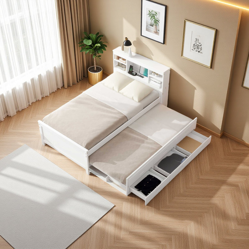 Lit plateforme avec tête de lit avec rangement, USB, lit gigogne et 3 tiroirs, Lit simple, Blanc