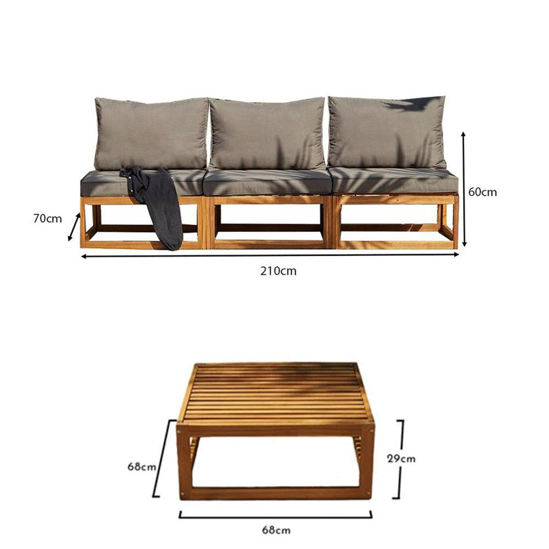 Rimasha 3 Seater Wooden Garden Armless Sofa & Coffee Table, Grey