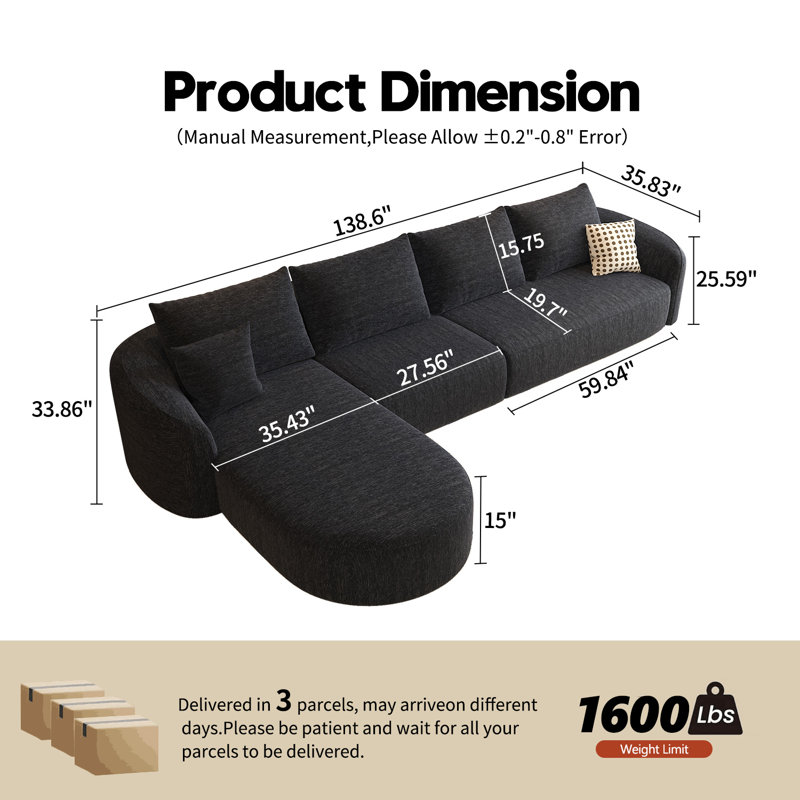 Canapé modulaire incurvé modulaire Boneless, H 33,86 po x l 138,6 po x P 72 po, Orienté à gauche (vu de face), Noir