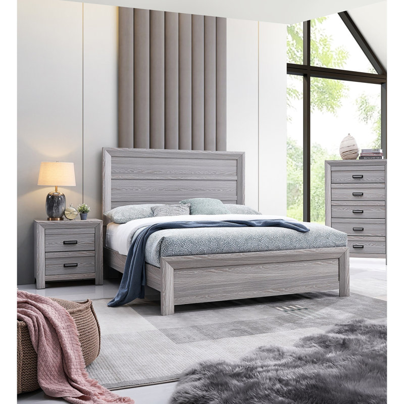 Grand lit en bois rustique gris de style contemporain avec tête de lit et structure robuste, Gris, Grand lit