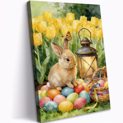 Large Easter Bunny Canvas Wall Art, He is Risen Rabbit Poster, Spring Easter Eggs with Lantern Painting, Christian Wall Decor Canvas Prints for Bedroom Living Room Ready to Hang Holiday Decoration, 36×48 Inches