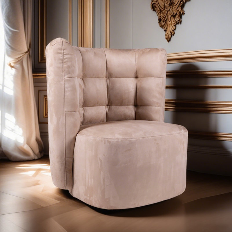 Fauteuil demi-tonneau pivotant capitonné en lin et coton, Microfibre beige