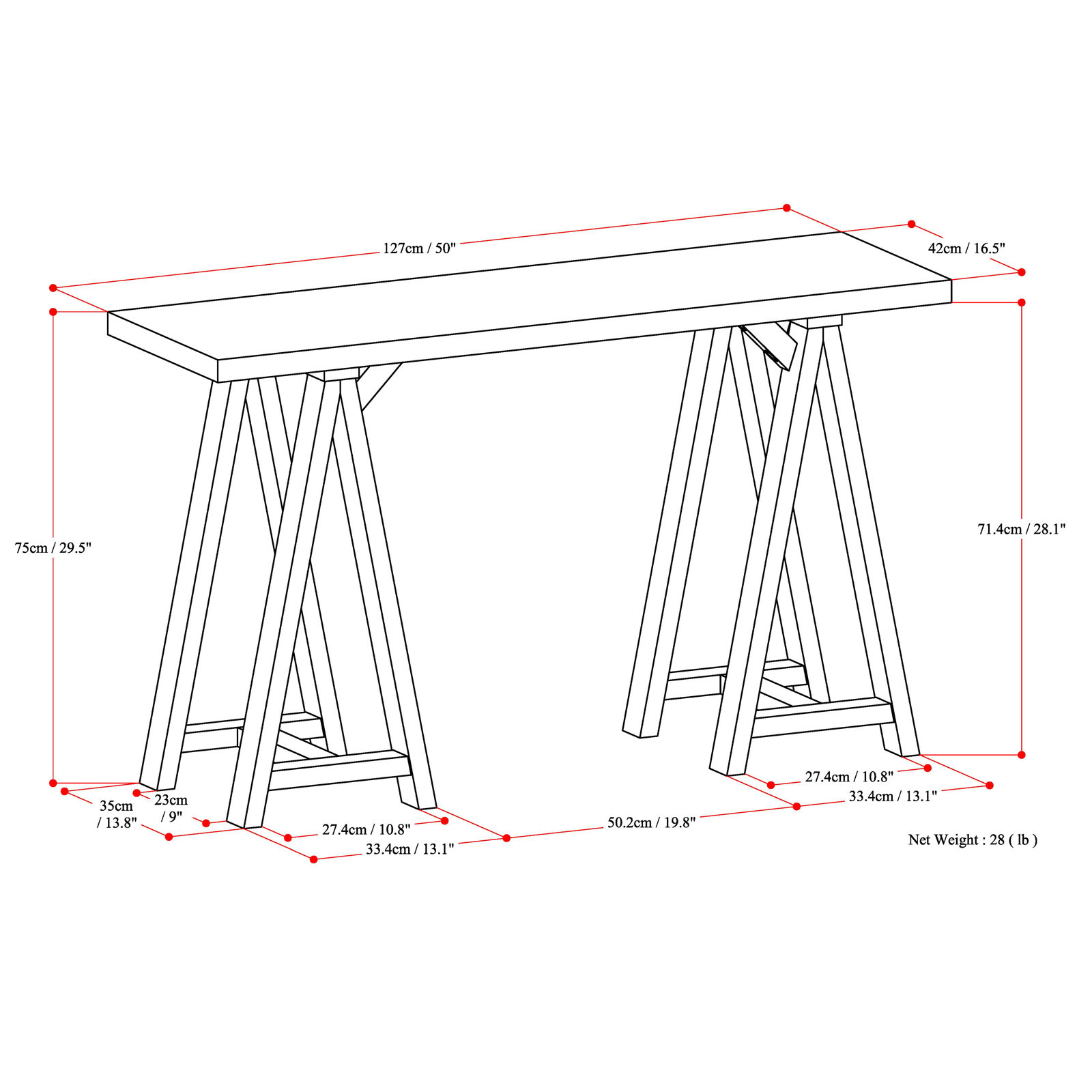 Sawhorse Console Table, Dark Chestnut Brown, 29.5" H x 50" W x 16.5" D