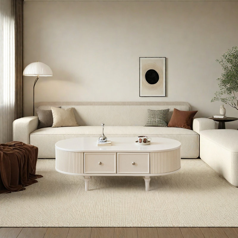 Table basse en bois massif avec plusieurs tiroirs