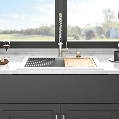 White Granite Composite 30x22" Workstation Drop - In Kitchen Sink, Thick Stone, Protects Hands, Non Scratch, Reduces Dirt, Package With Bottom Grid And Cutting Board Eliminates Noise, Colander