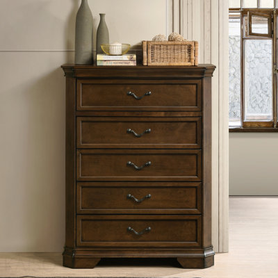 Maderne Traditional Wood 5-Drawer Chest, Antique Walnut Finish