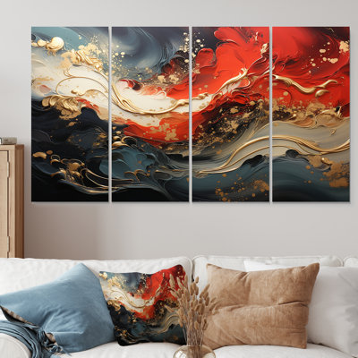 «Red and Gold Marble Fire VI», art abstrait 4 pièces