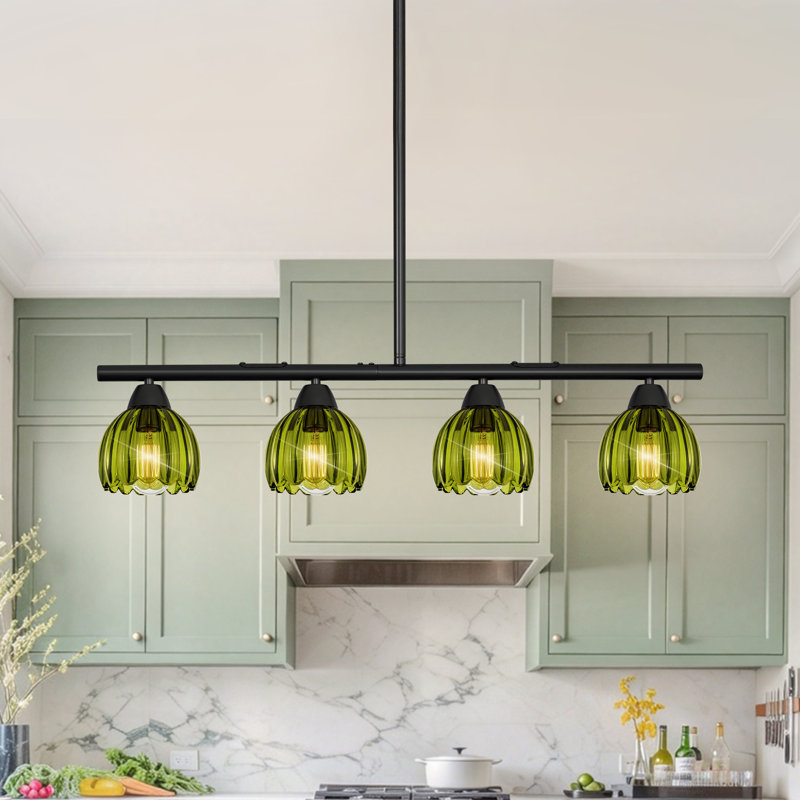 Lustre linéaire moderne à 4/6 lumières avec abat-jour en verre vert pour salle à manger, 4