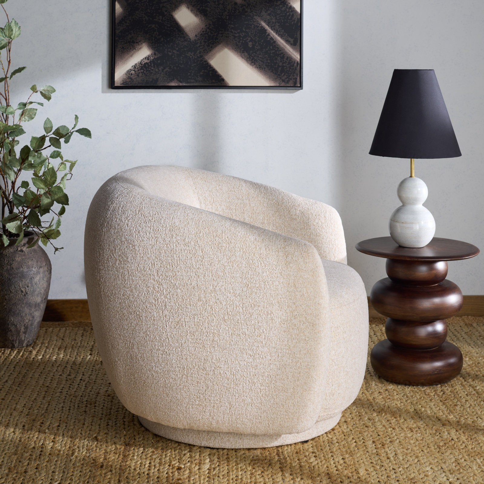 Pine Swivel Barrel Chair, Oat Textured Chenille