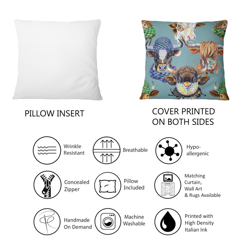Coussin coloré à motif de taureaux colorés sur fond bleu 1
