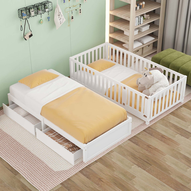 Daybed with Fence Guardrails and 2 Drawers, Twin, White