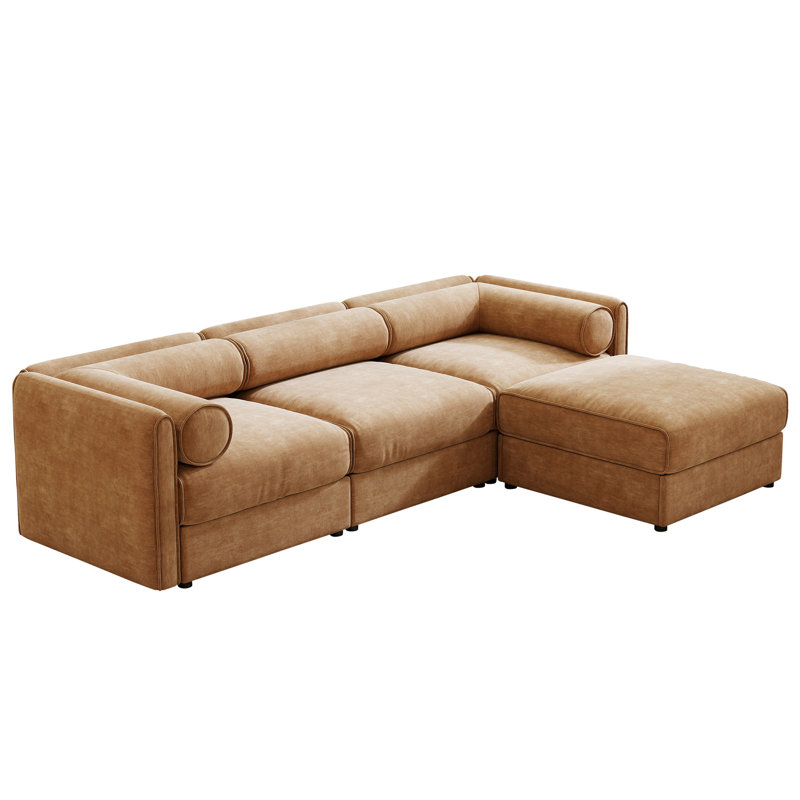Élégant canapé en chenille avec siège de rangement et repose-pieds, dossier cylindrique en forme de L à 3 places et accoudoirs, canapé contemporain en tissu à 3 places avec compartiment de rangement caché