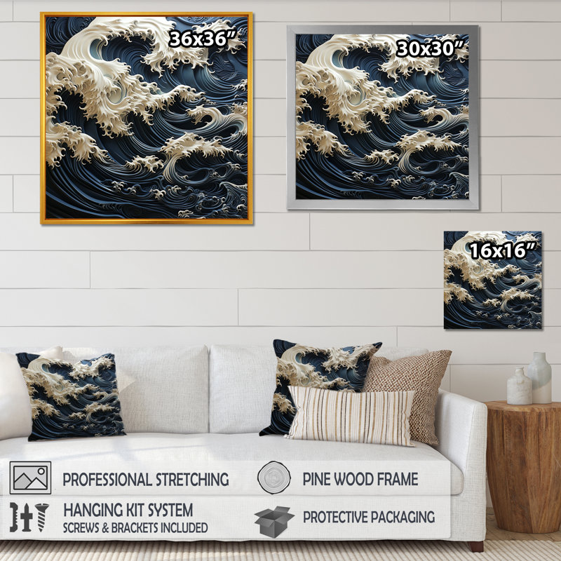 Abstrait bleu et blanc, tempête océanique sur toile, H 30 po x l 30 po x P 1 po, Encadrement doré