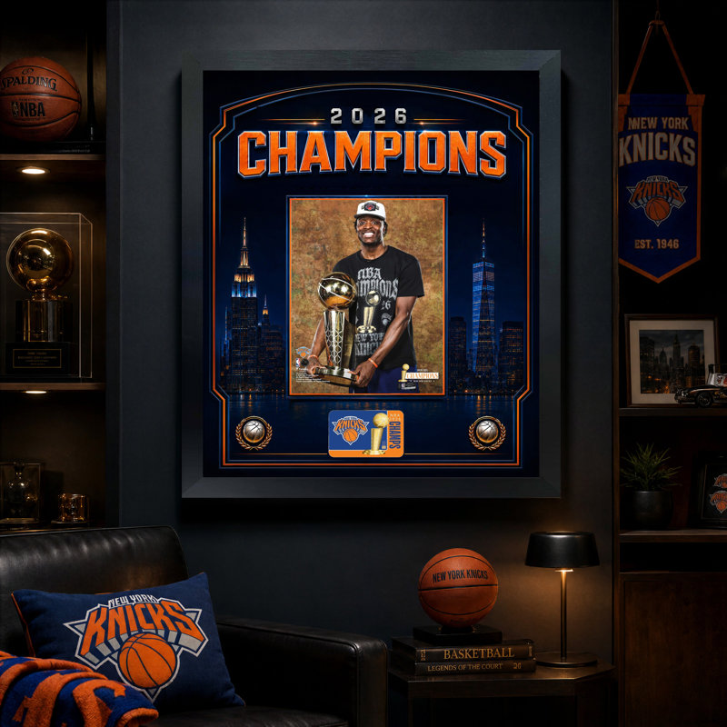 OG Anunoby New York Knicks, conception d'horizon orange, cadre à photo encadré 18 x 22 po, cadre mural noir