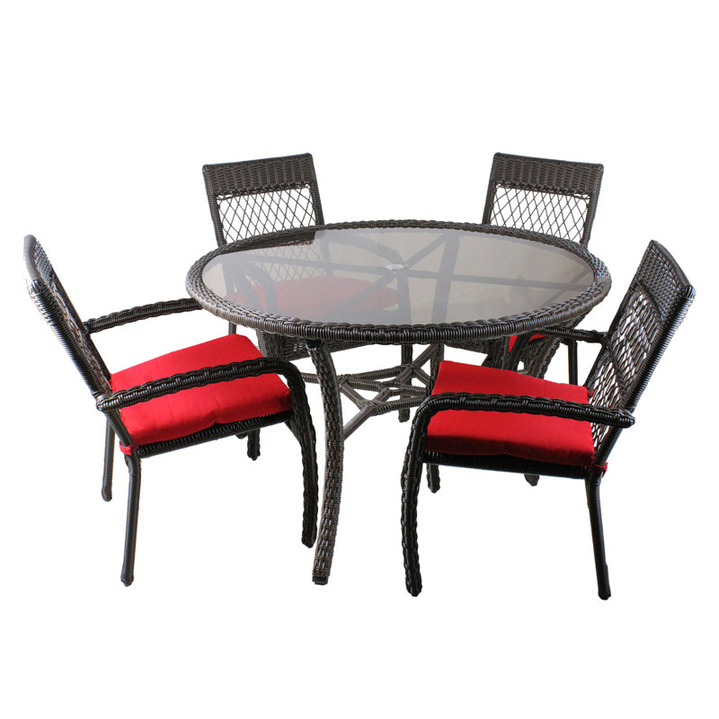Ensemble 5 pièces de chaise d'extérieur et table de salle à manger en osier tressé brun et rouge