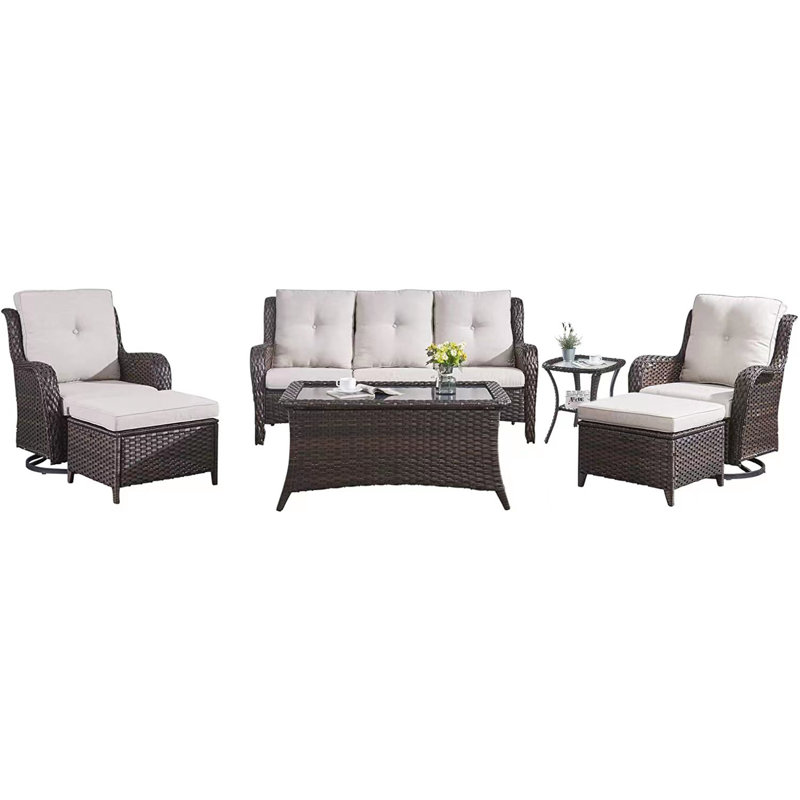 Bonia 7 Person Outdoor Wicker Rattan Patio Furniture Set with Sofa,Rocking Chairs,Ottomans And Table Set. (Set Of 7 Pieces)