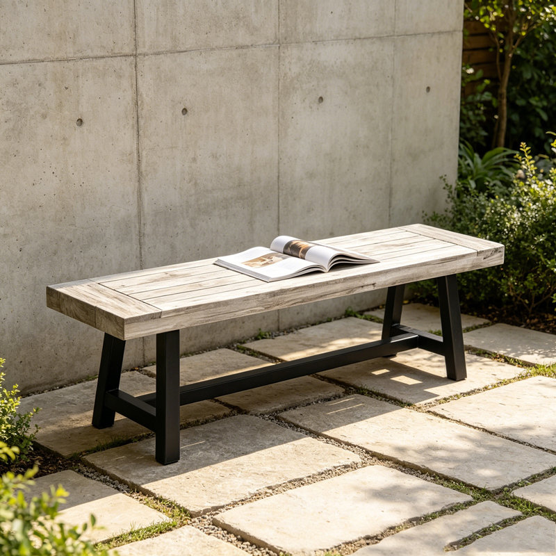 Banc de salle à manger en bois d'acacia avec cadre en métal noir rustique, Gris + noir 1 pièce