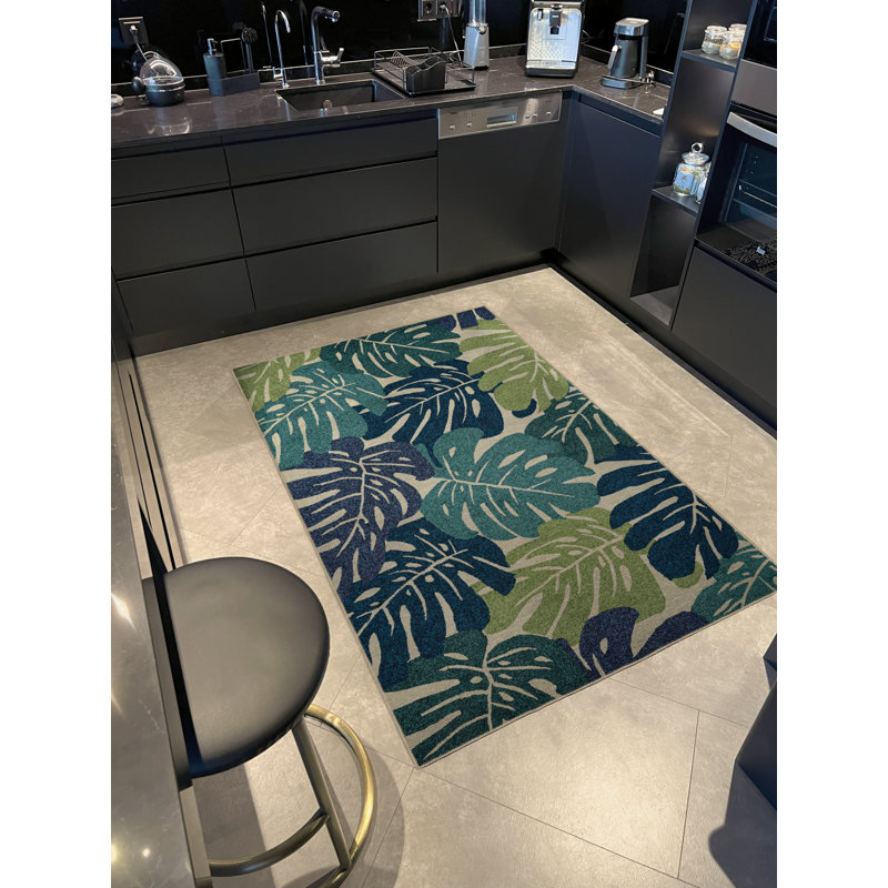 Tapis décoratif moderne bleu et vert à motif de fleurs et de feuilles, Rectangle 4 pi 11,06 po x 7 pi 6,55 po