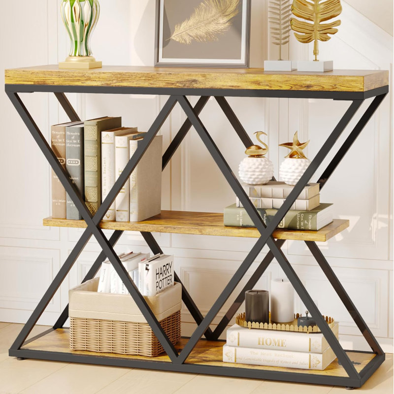 3-Tier Industrial Entryway Table with Storage, Console Sofa Table with Open Shelves, X-Shaped Metal Frame, Brown