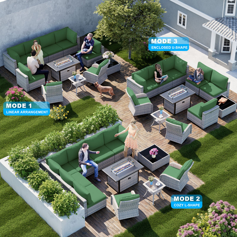 11-Piece Patio Furniture Set, Outdoor Patio Furniture with 55,000 BTU Fire Pit Table, Swivel Chairs Set, Thick Cushions, Modular Patio Sofa, Dual-Strand Wicker Rattan, Rust-Resistant Frame