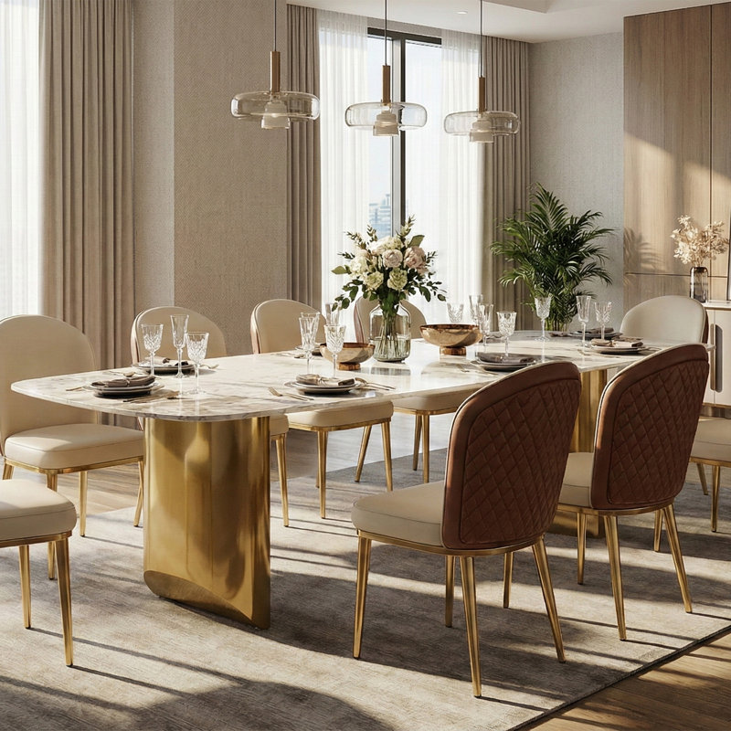 79" Luxury Dining Table with Random Natural Pattern Sintered Stone Top & Metal Base, Modern Rectangular Dining Table, Elegant Kitchen Dining Room Furniture,10-chair