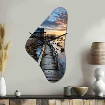 Saine Pier And Dock Rustic I - Port Asymmetrical Metal Wall Clock, Brown Irregular Shape Clock Print