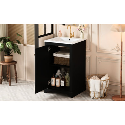 Meuble-lavabo contemporain noir de 20,1 po avec lavabo intégré, rangement à une porte, charnières à fermeture en douceur, tablette réglable, meuble-lavabo autoportant en pin massif et planches 20 po