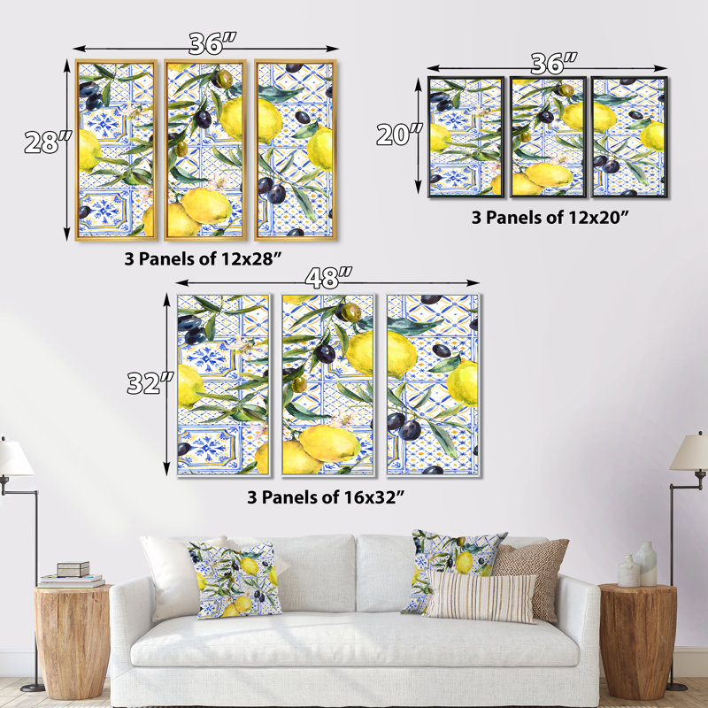 Ornement en forme de citron sur un motif géométrique bleu III - impression sur toile flottante 3 pièces, Cadre noir